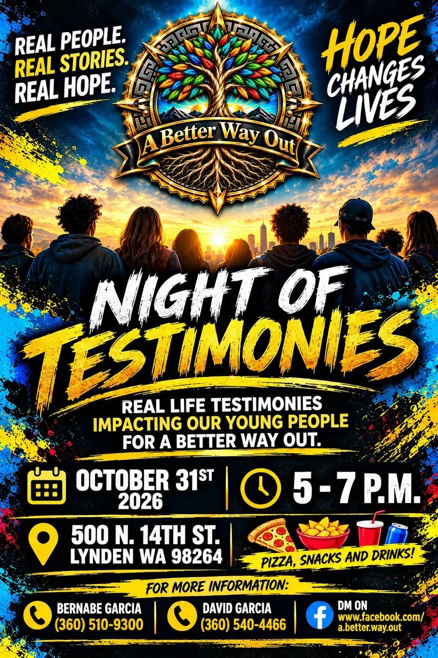 Flyer for Night of Testimonies, October 31st 2026, 5 to 7 p.m. at 500 N. 14th St., Lynden, WA