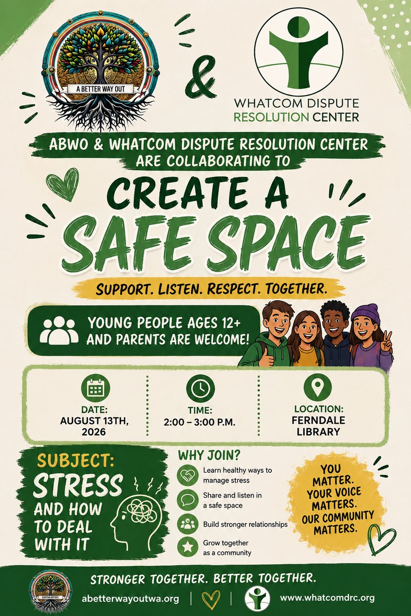 Create a Safe Space event flyer — ABWO and Whatcom Dispute Resolution Center